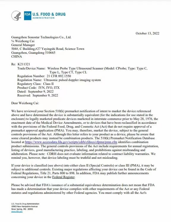 Warmly congratulate SonoStar on another FDA certification of SonoStar handheld ultrasound, which cov